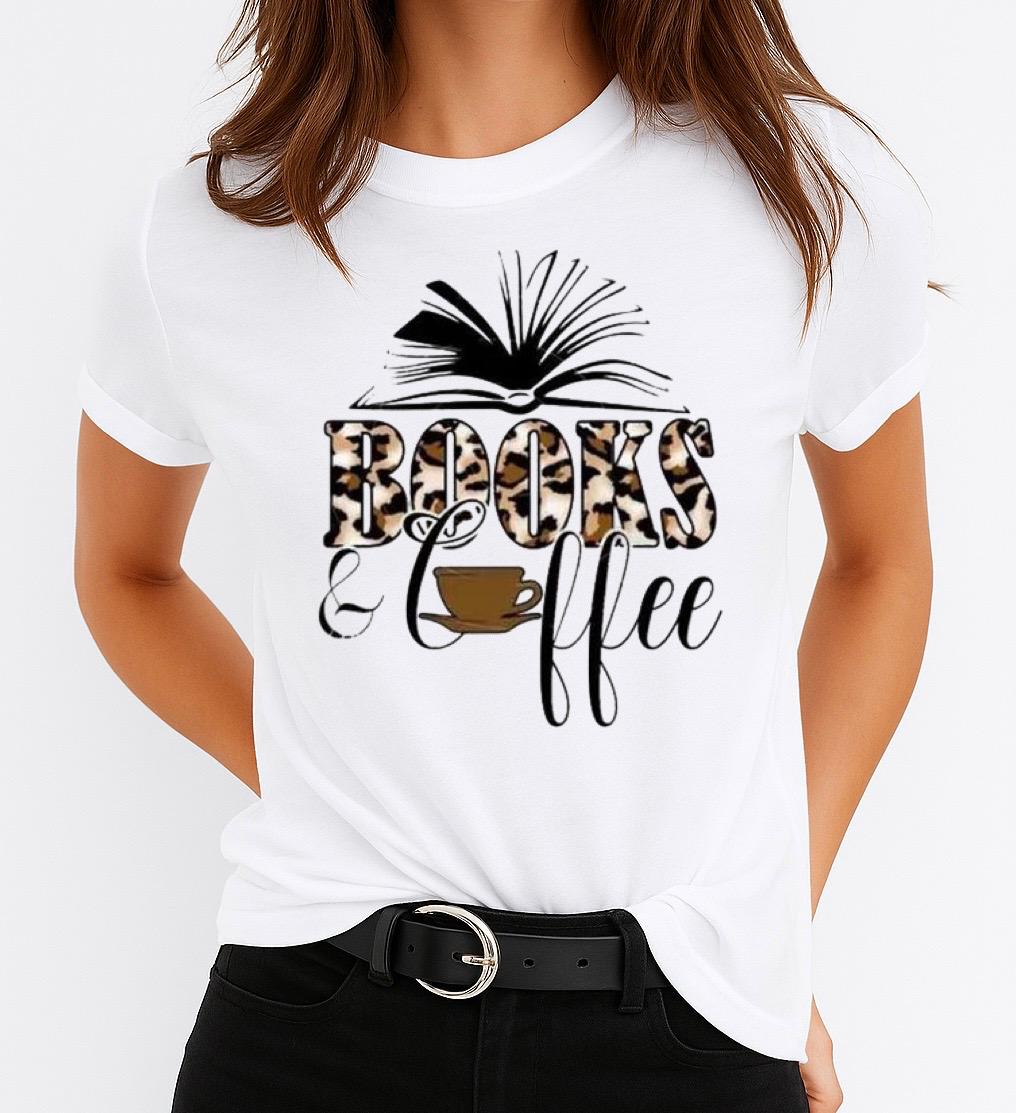 Tricou Alb Dama din Bumbac 100% - Books Coffee