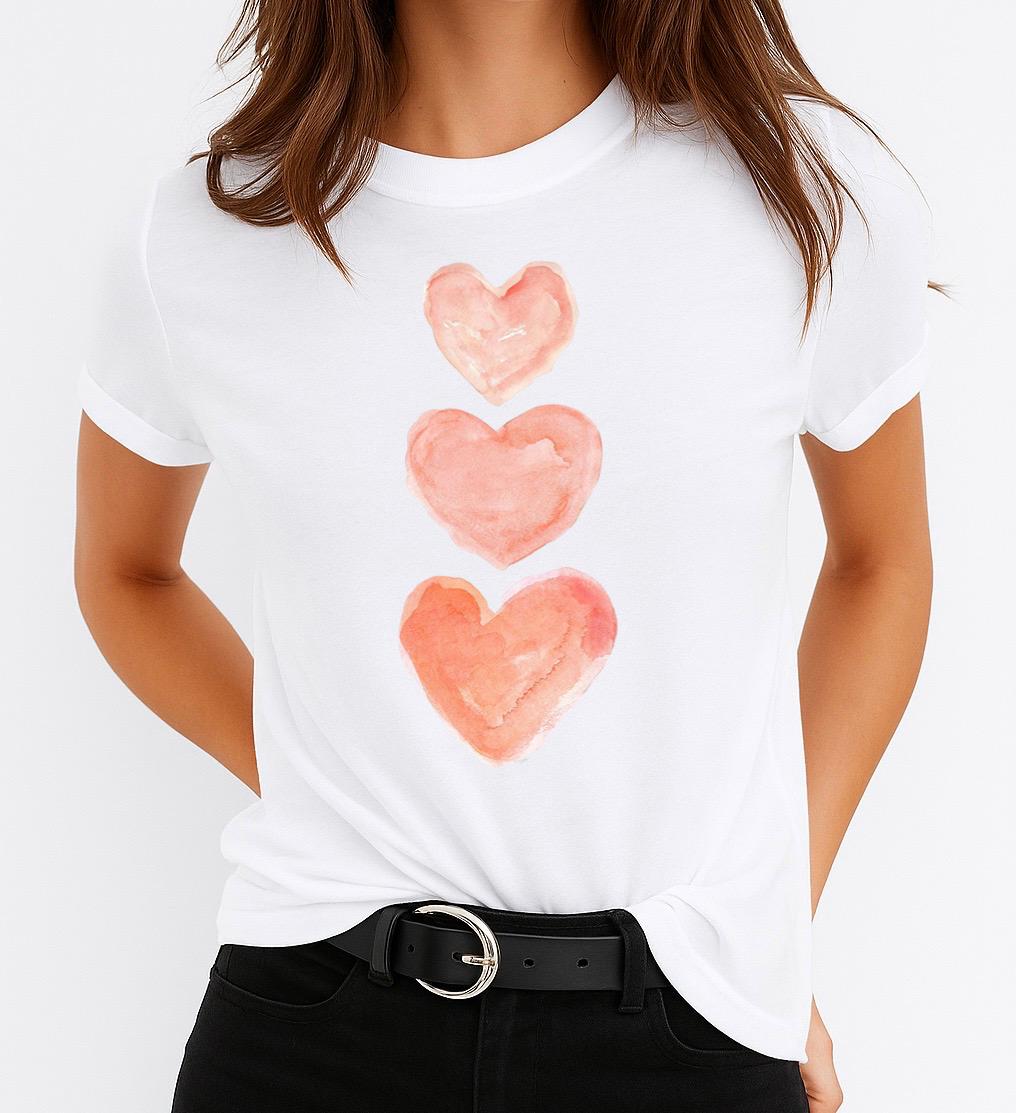 Tricou Alb Dama din Bumbac 100% - 3 Pink Heart