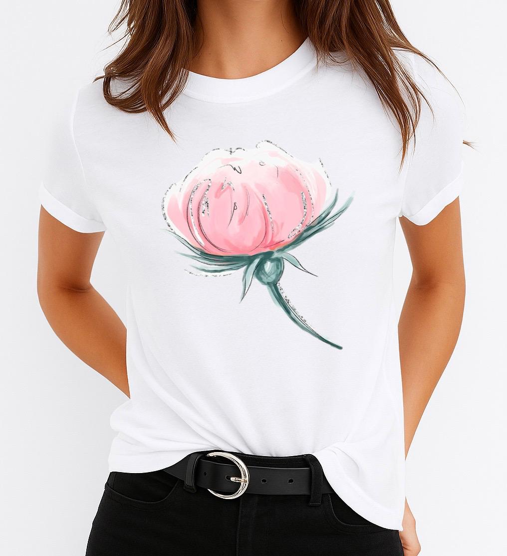 Tricou Alb Dama din Bumbac 100% - 1 Big Flower