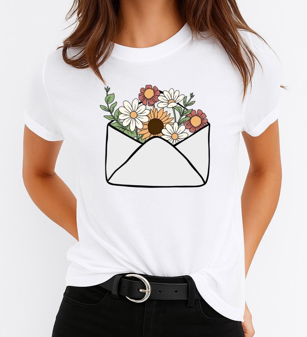 Tricou Alb Dama din Bumbac 100% - Flowers 2