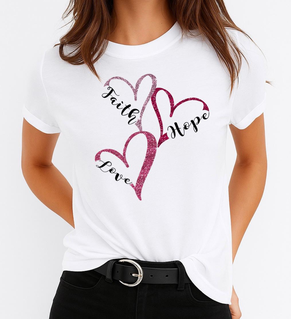 Tricou Alb Dama din Bumbac 100% - Faith Hope Love Pink