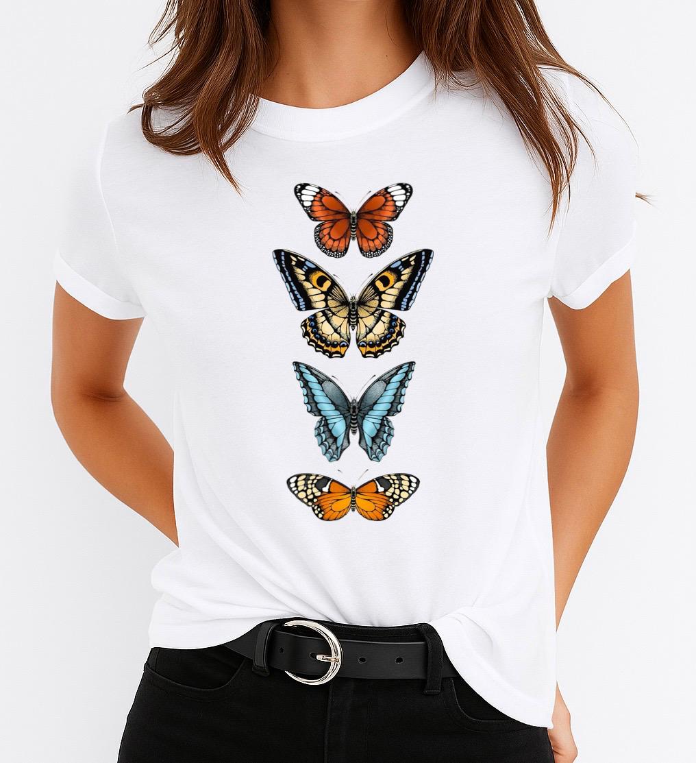 Tricou Alb Dama din Bumbac 100% - 4 Butterflies