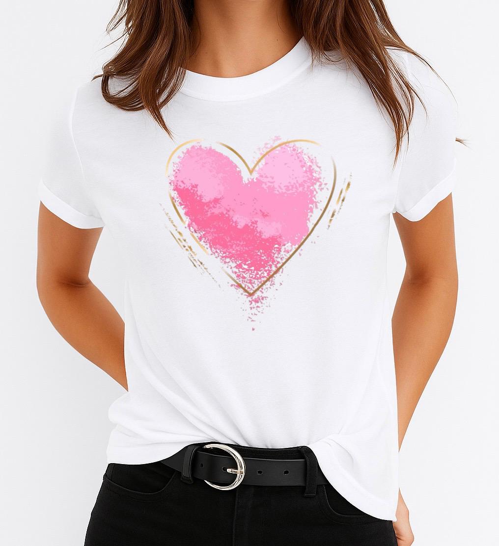 Tricou Alb Dama din Bumbac 100% - Big Pink Heart