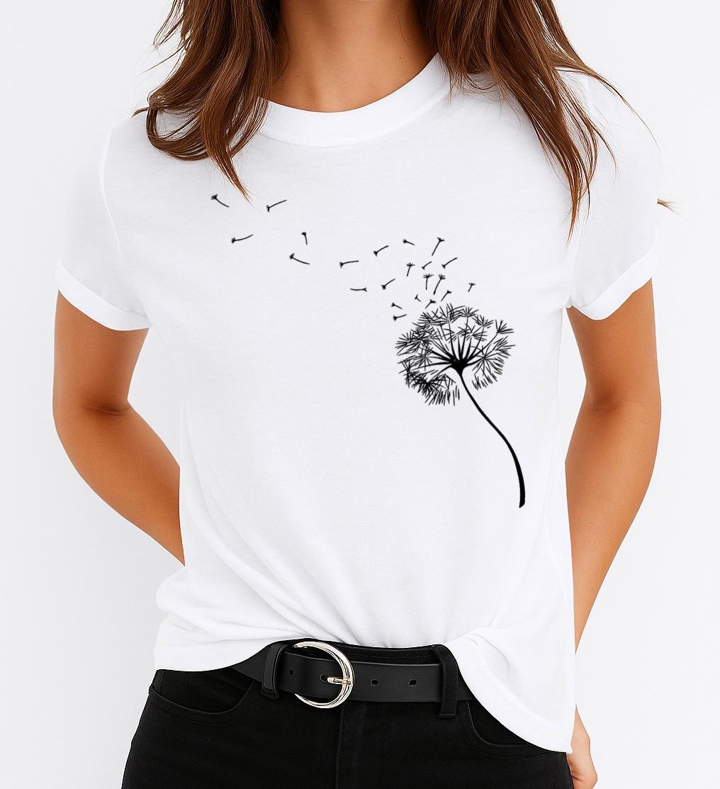 Tricou Alb Dama din Bumbac 100% - 1 Black Flower