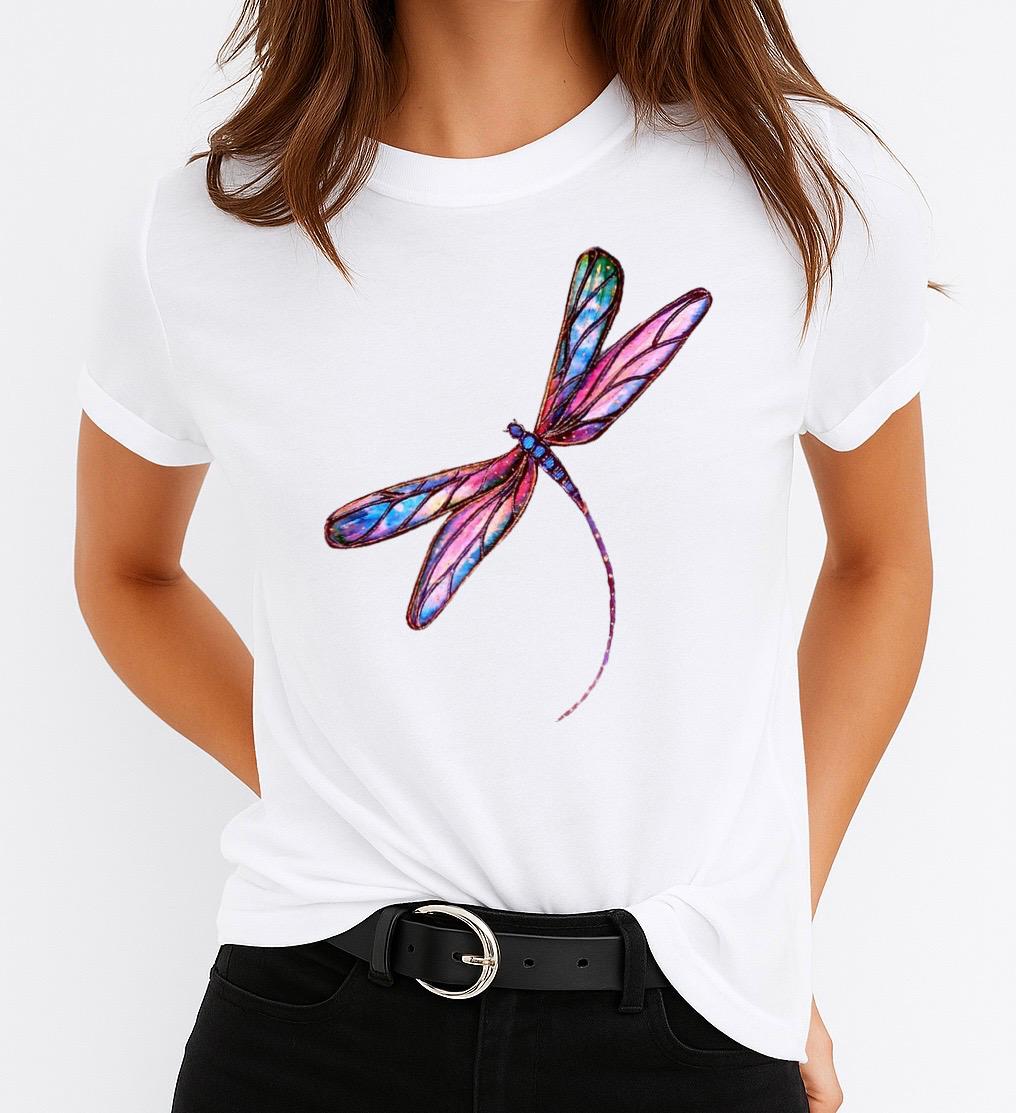 Tricou Alb Dama din Bumbac 100% - Mov Dragon Fly