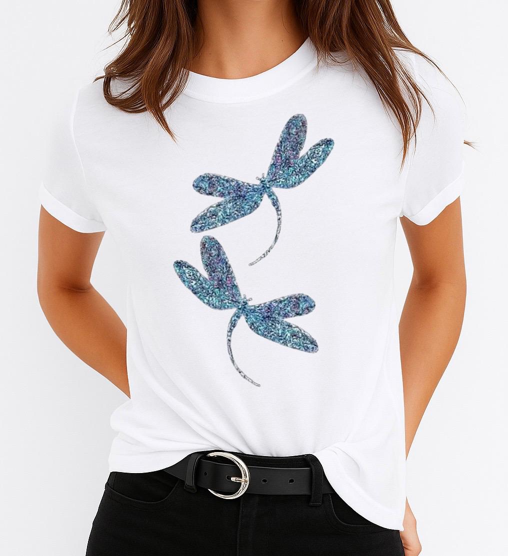Tricou Alb Dama din Bumbac 100% - 2 Blue Dragon Fly