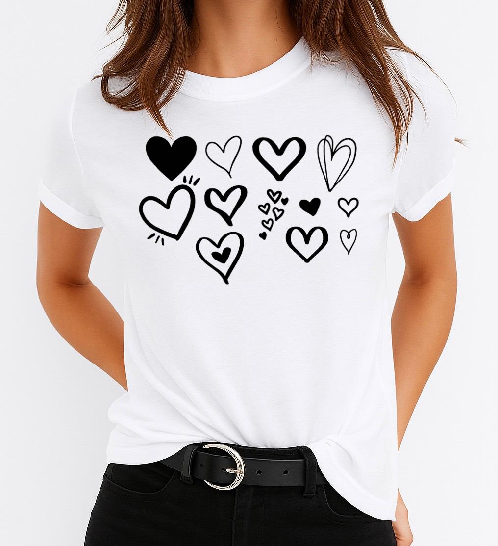 Tricou Alb Dama din Bumbac 100% - Inimioare Negre