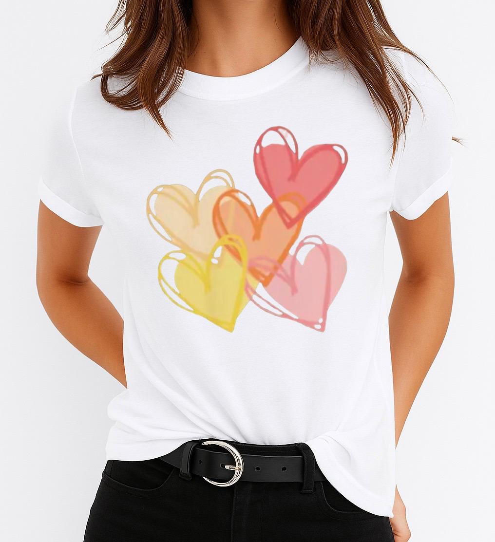 Tricou Alb Dama din Bumbac 100% - 5 Color Hearts