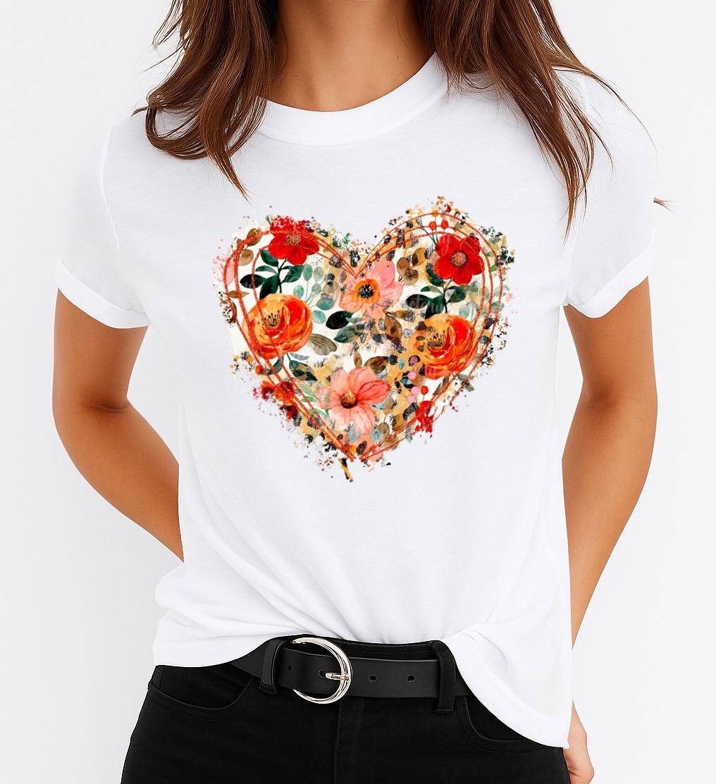 Tricou Alb Dama din Bumbac 100% - Heart Flower