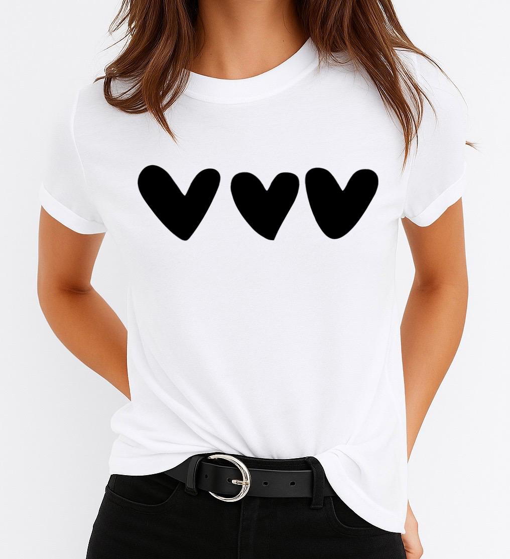 Tricou Alb Dama din Bumbac 100% - 3 Inimi Negre
