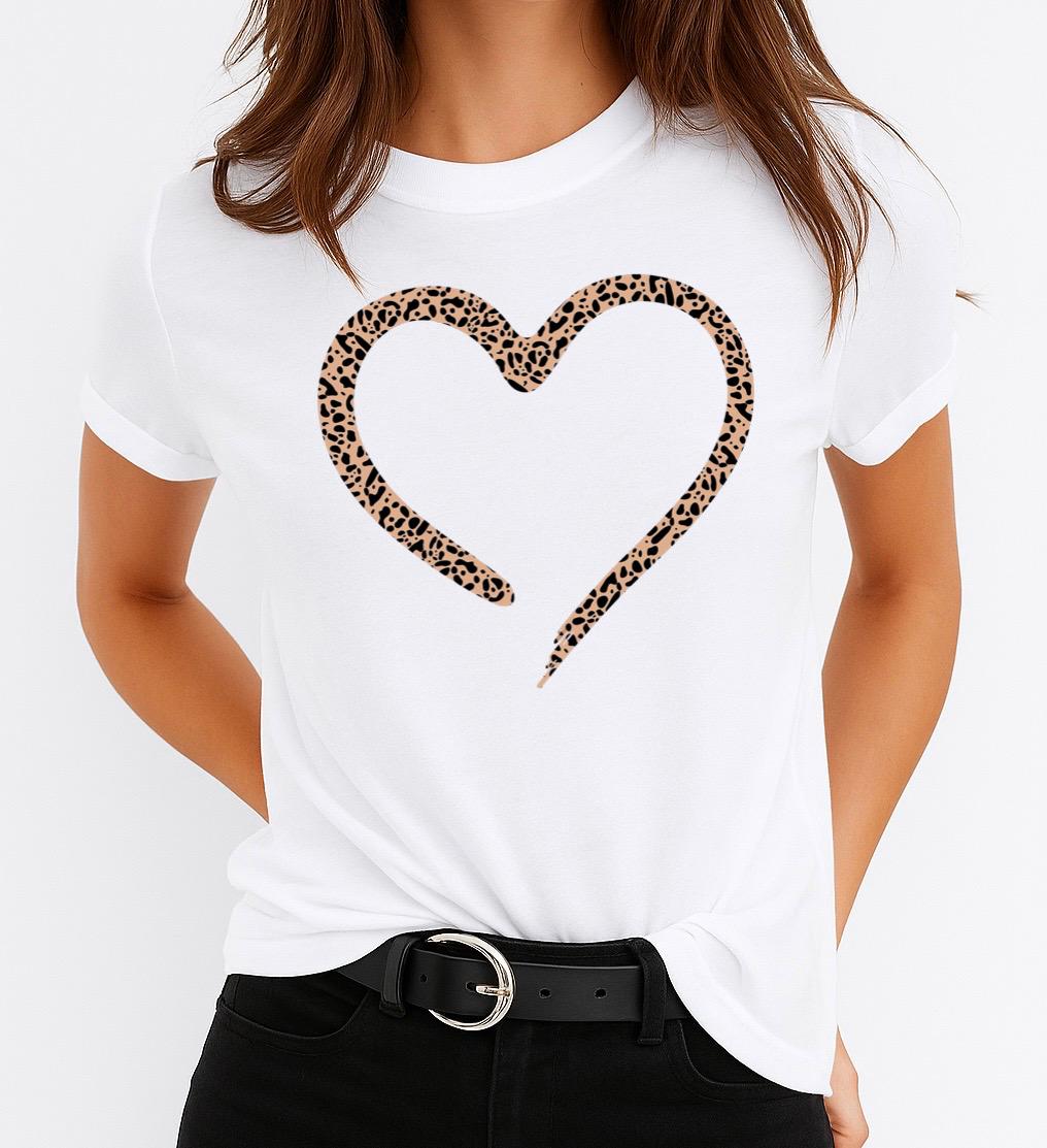 Tricou Alb Dama din Bumbac 100% - Animal Print Heart