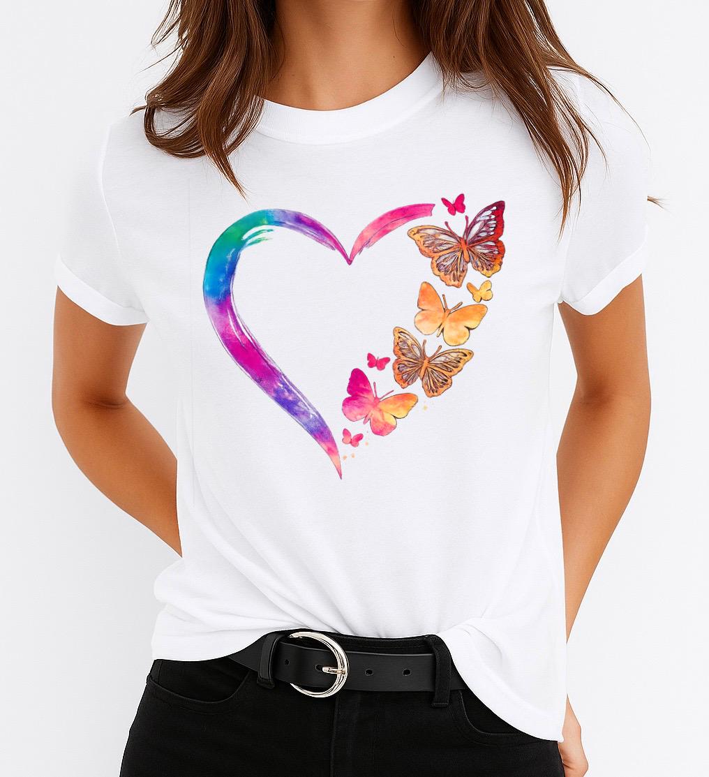 Tricou Alb Dama din Bumbac 100% - Fluturi Multicolor