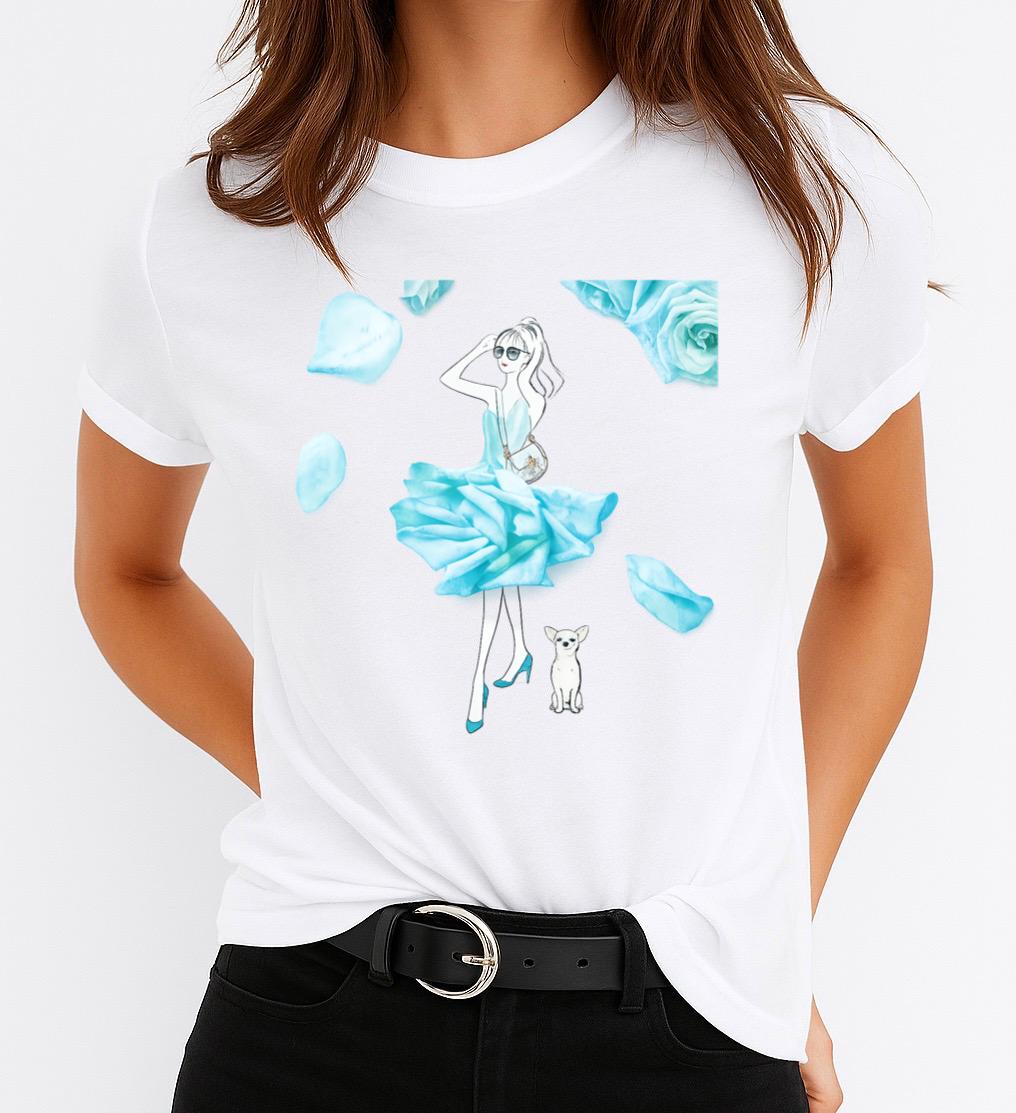 Tricou Alb Dama din Bumbac 100% - Blue Dress 5 - MonCherie