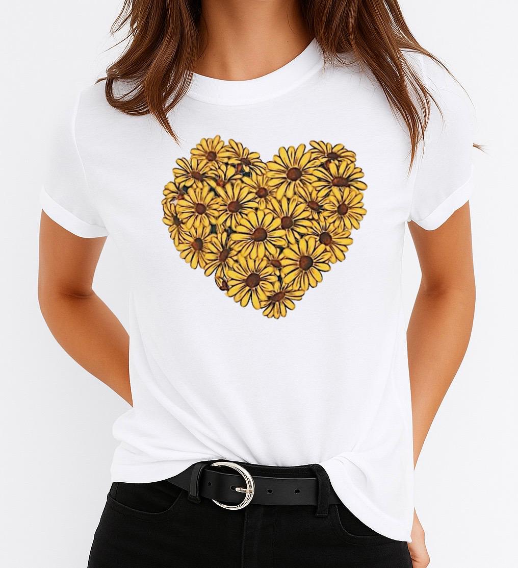 Tricou Alb Dama din Bumbac 100% - Yellow Flowers Heart