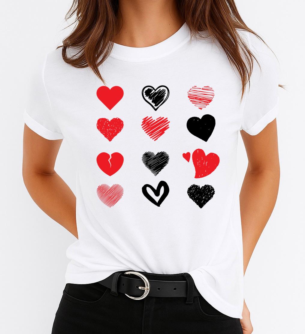 Tricou Alb Dama din Bumbac 100% - Red and Black Heart - MonCherie