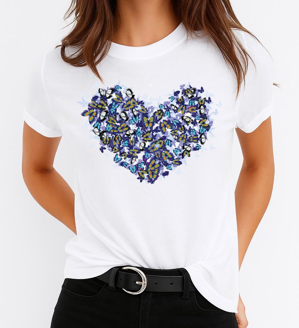 Tricou Alb Dama din Bumbac 100% - Blue Heart - MonCherie