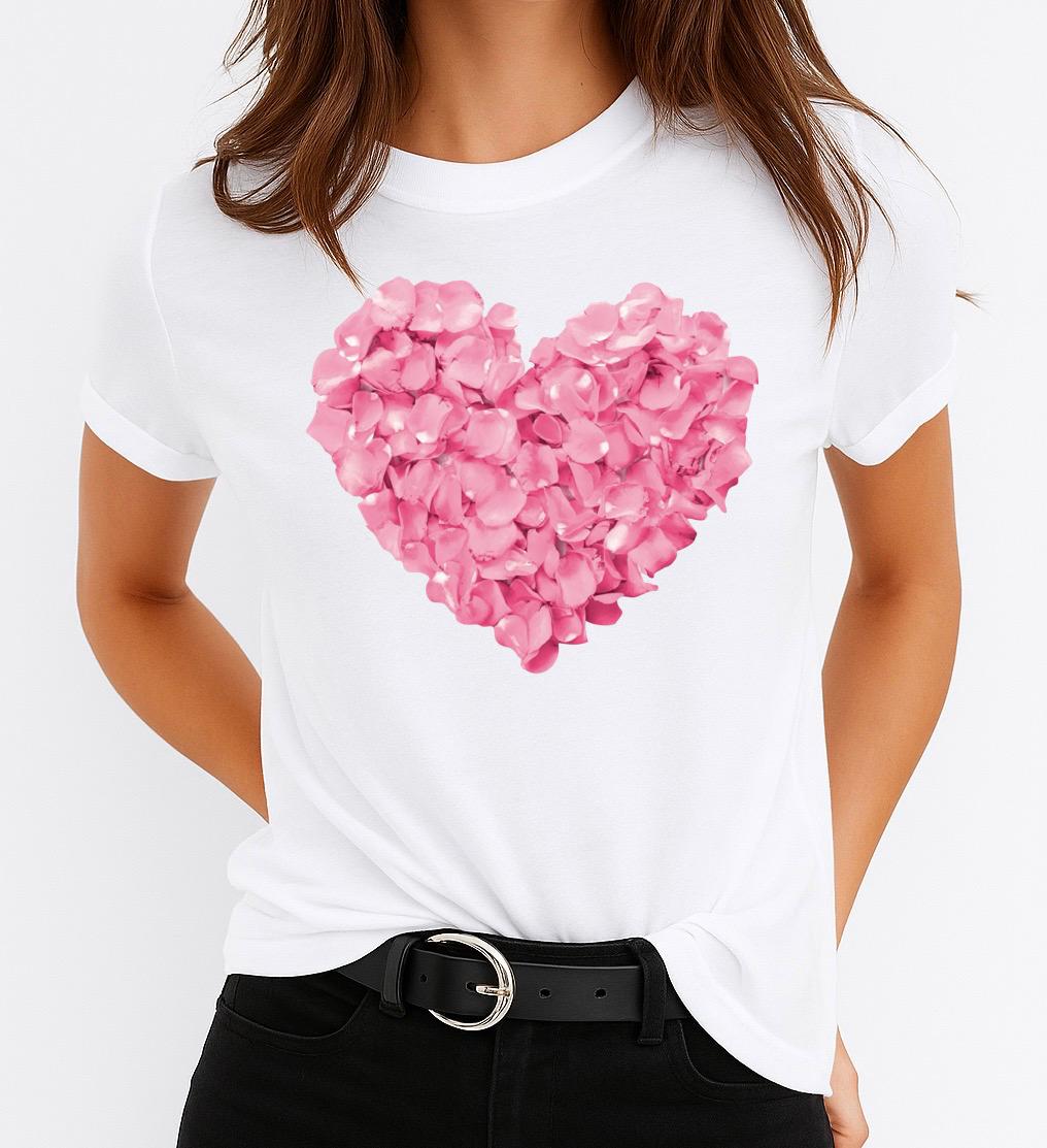 Tricou Alb Dama din Bumbac 100% - Roz Heart - MonCherie
