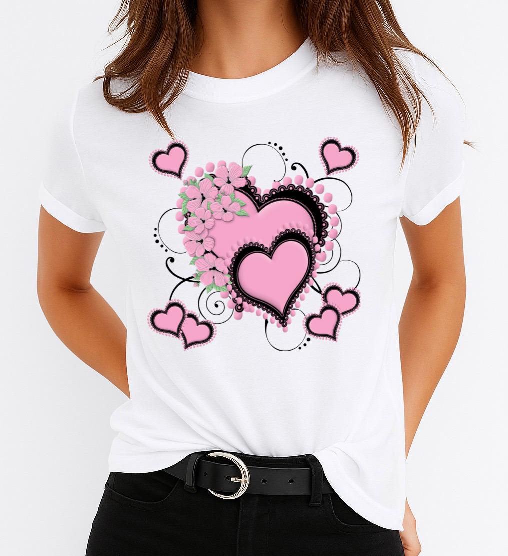Tricou Alb Dama din Bumbac 100% - Heart Pink 3