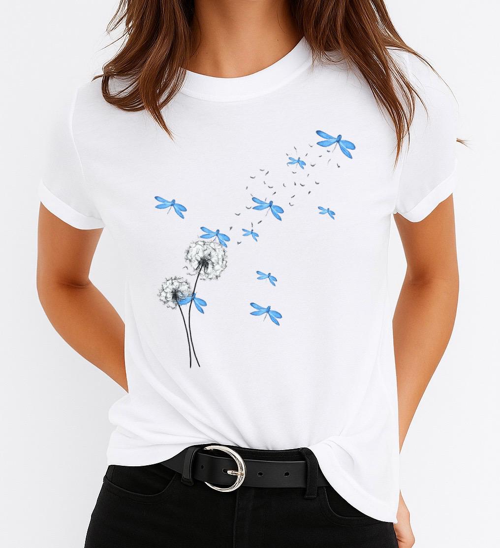 Tricou Alb Dama din Bumbac 100% - Blue New Butterflies