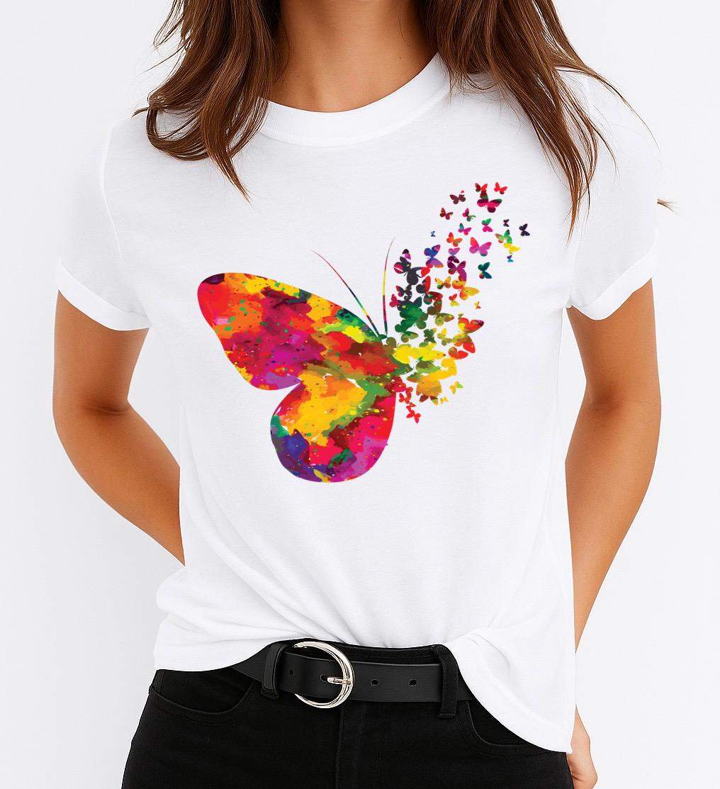 Tricou Alb Dama din Bumbac 100% - Spring Butterfly