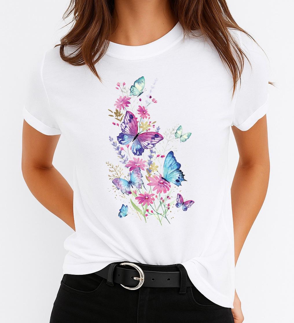 Tricou Alb Dama din Bumbac 100% - Fluturi 15