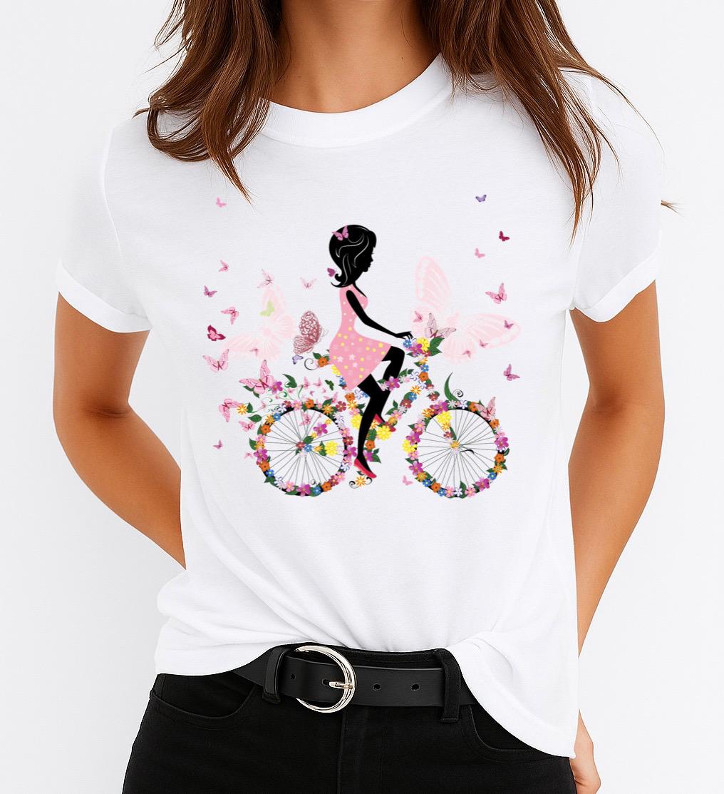 Tricou Alb Dama din Bumbac 100% - Butterfly Bicycle