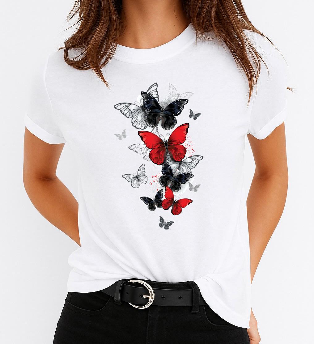 Tricou Alb Dama din Bumbac 100% - 5 Butterflies - MonCherie
