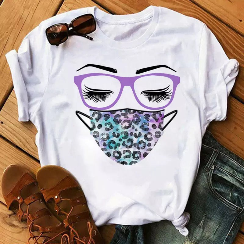 Tricou Alb Dama din Bumbac 100% - Mov Mask - MonCherie