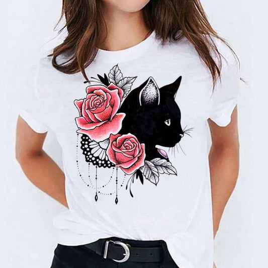 Tricou With Pink Flowers and Cat (6592951386296)