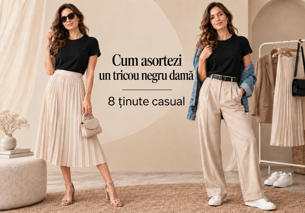 Cum asortezi un tricou negru dama — 8 tinute casual pe care le poti recrea acasa