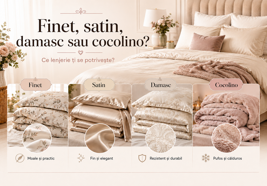Lenjerie de pat finet vs satin vs damasc — Ghid comparativ complet