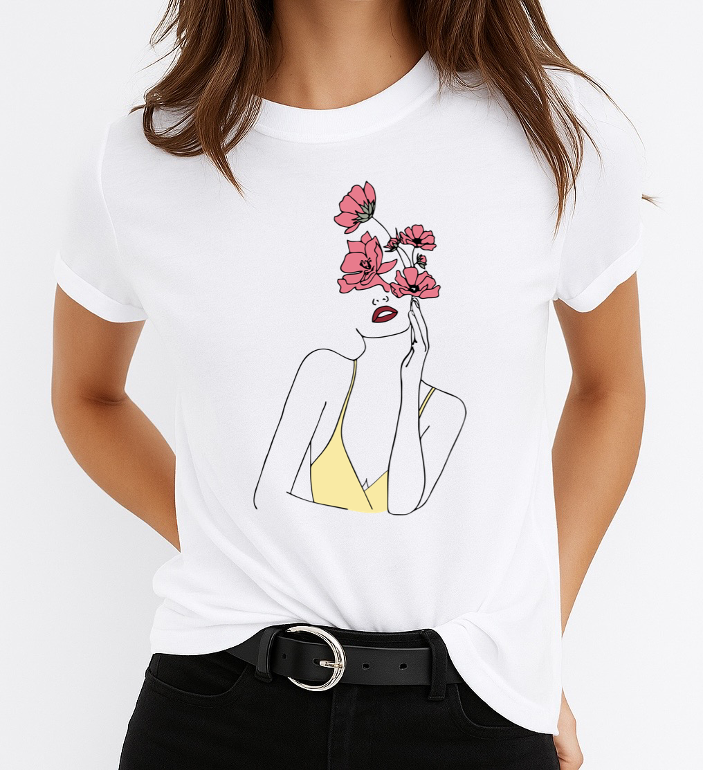 Tricou Alb Dama din Bumbac 100% - Nice Pink Flowers