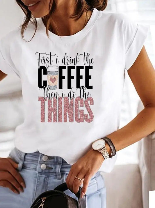 Tricou dama din bumbac 100% First I Drink Coffee