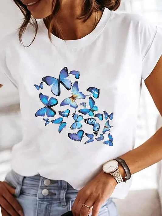 Tricou dama din bumbac egiptean 100% Butterflies Blue - Lichidare stoc