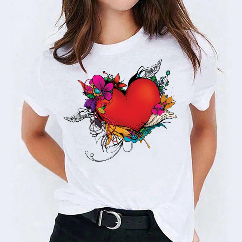 Tricou Alb Dama din Bumbac 100% - Red Nice Heart - MonCherie