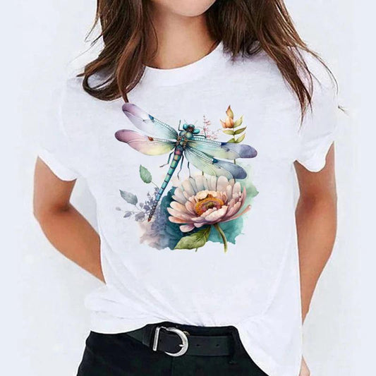 Tricou dama din bumbac 100% Dragonfly & Flowers - Lichidare stoc