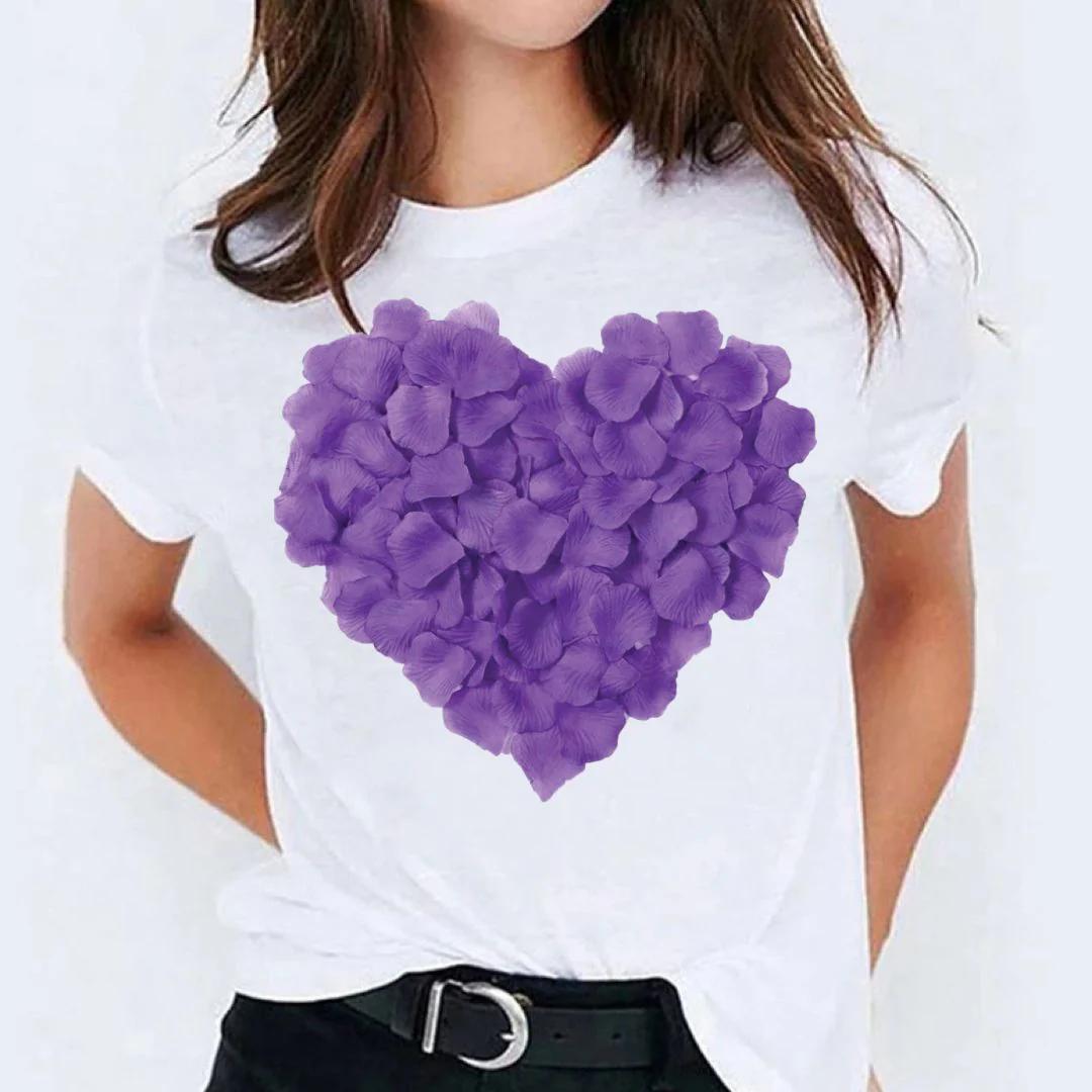 Tricou dama cu imprimeu "Purple Hearts", Alb, Bumbac 100% - MonCherie