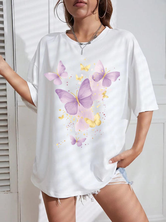 Tricou Oversize din bumbac 100% Fluturi mov