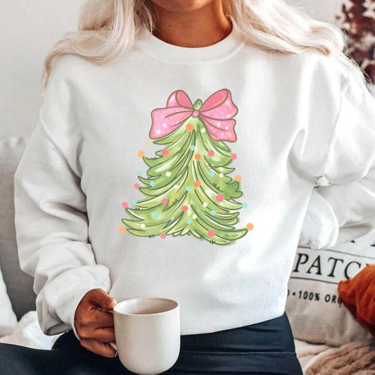 Bluza alba din bumbac 100% Craciun fundita roz