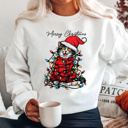 Bluza alba din bumbac 100% Cat christmas