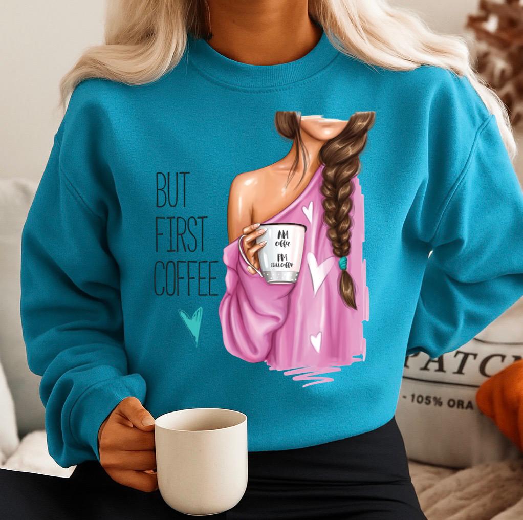 Bluza turcoaz din bumbac 100% But first coffee