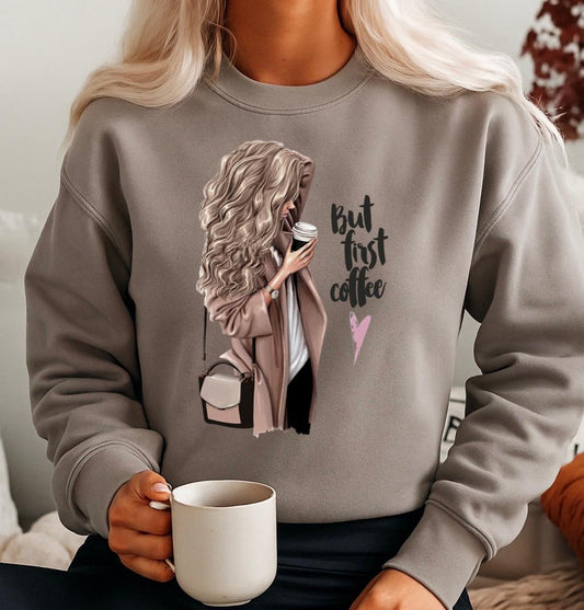 Bluza gri din bumbac 100% But first coffee