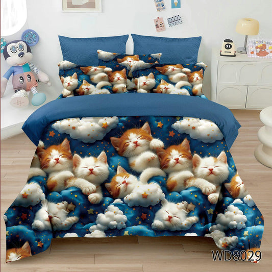 Lenjerie pat dublu, FINET, 5D DIGITAL PRINT, cu elastic 4 piese F-962