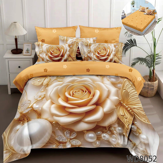 Lenjerie pat dublu, FINET, 5D DIGITAL PRINT, cu elastic 4 piese F-941