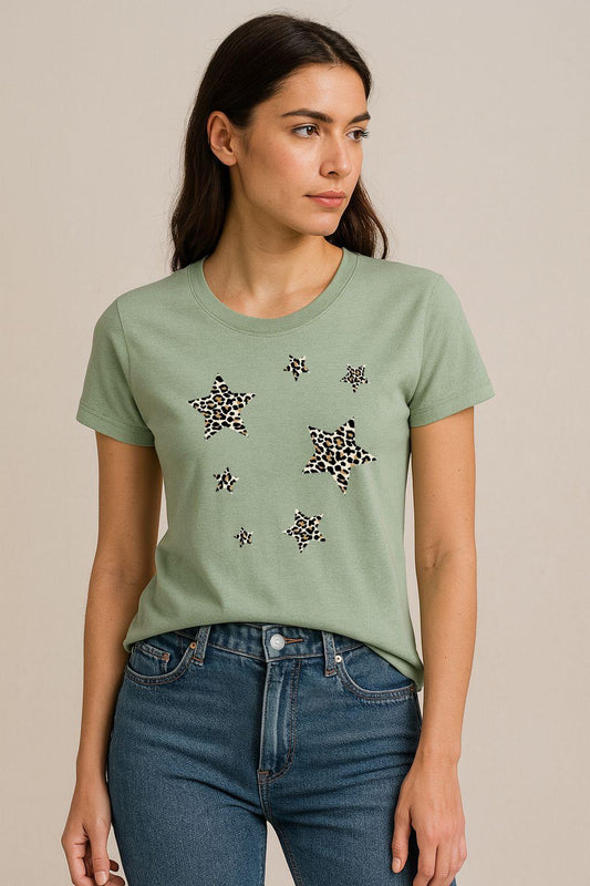 Tricou Verde Salvie Dama din Bumbac 100% - Stars