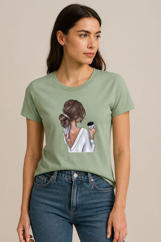 Tricou Verde Salvie Dama din Bumbac 100% - Love Coffee