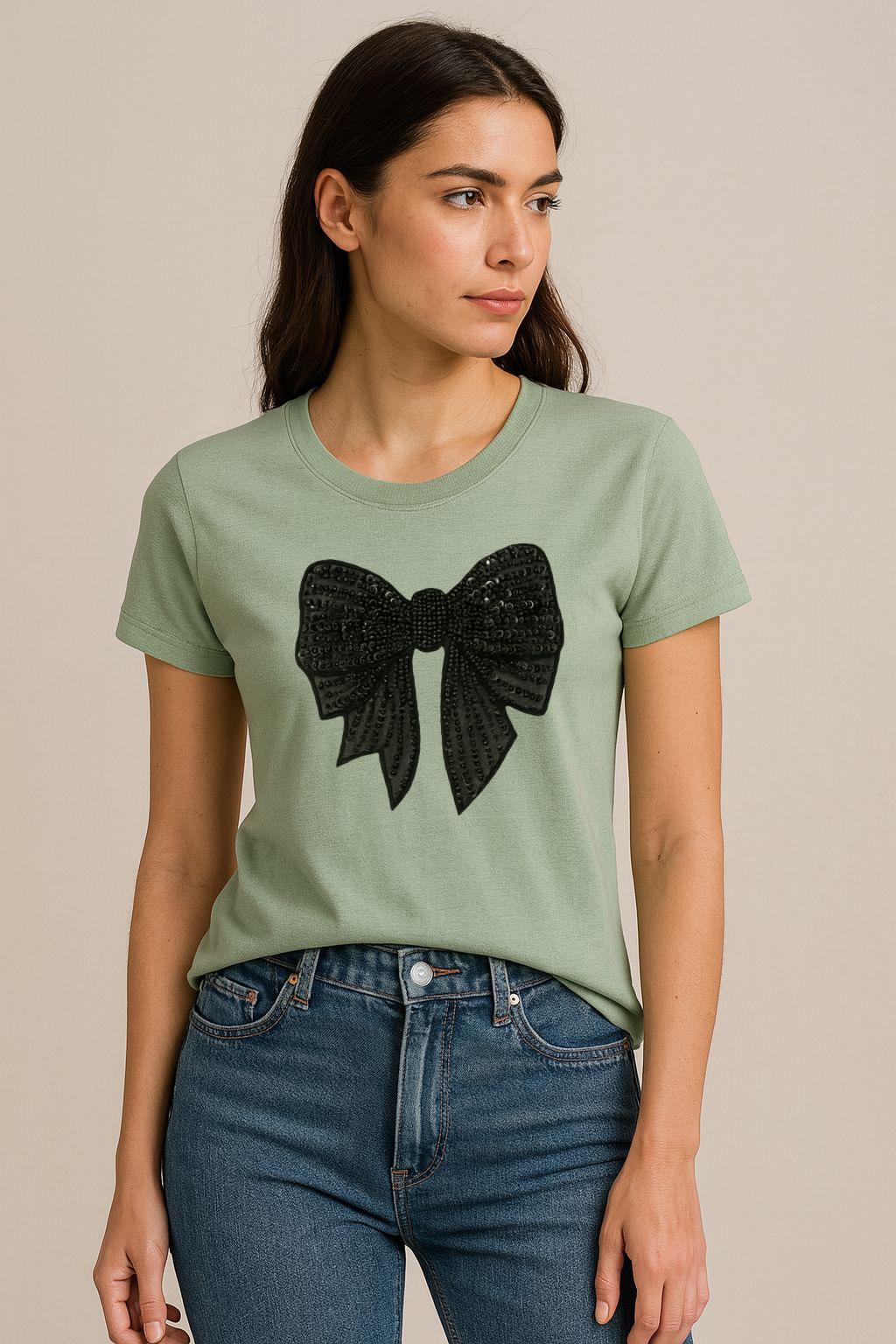 Tricou Verde Salvie Dama din Bumbac 100% - Fundita Neagra - MonCherie