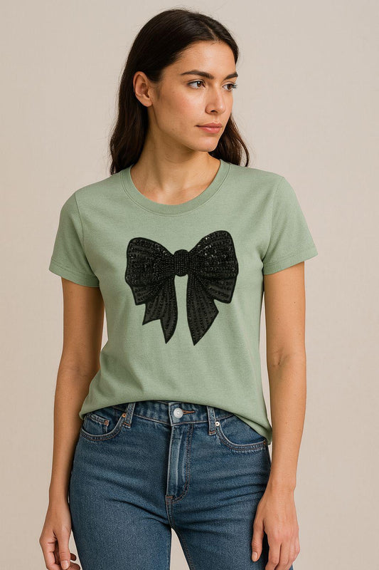 Tricou Verde Salvie Dama din Bumbac 100% - Fundita Neagra