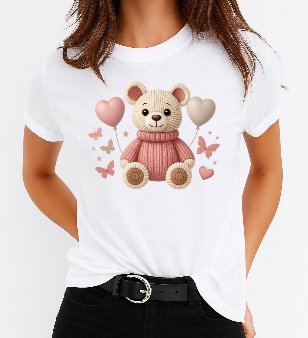 Tricou Alb Dama din Bumbac 100% - Pink Bear