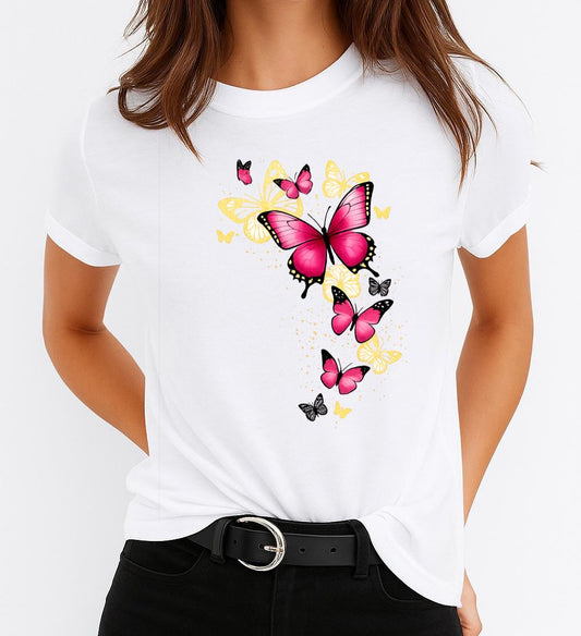Tricou Dama Pink Fluturi – Bumbac 100%